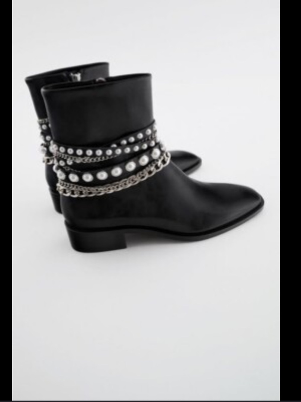Zara Woman Flat Ankle Boots With Pearls and Chains